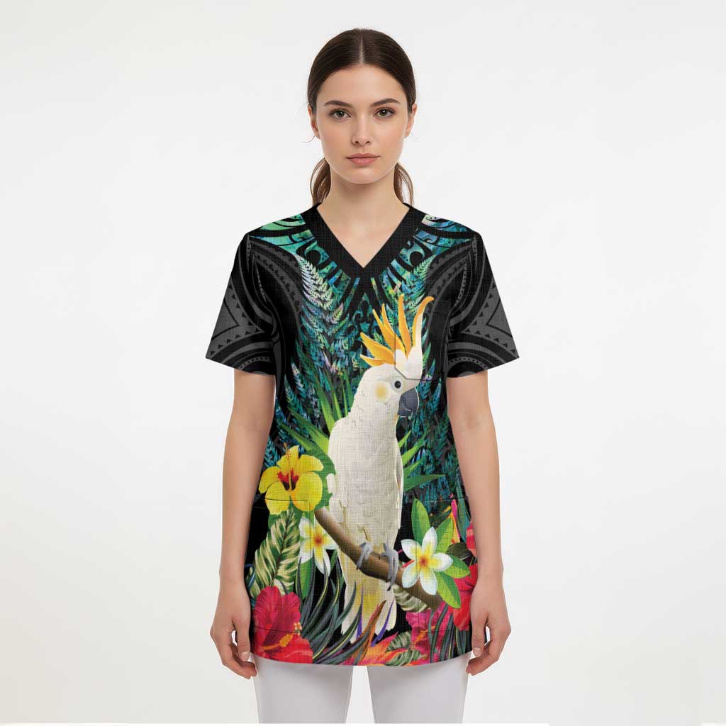 Sulphur-crested Cockatoo New Zealand Scrub Top Paua Shell Aotearoa Maori Tropical Flowers - Polynesian Pride