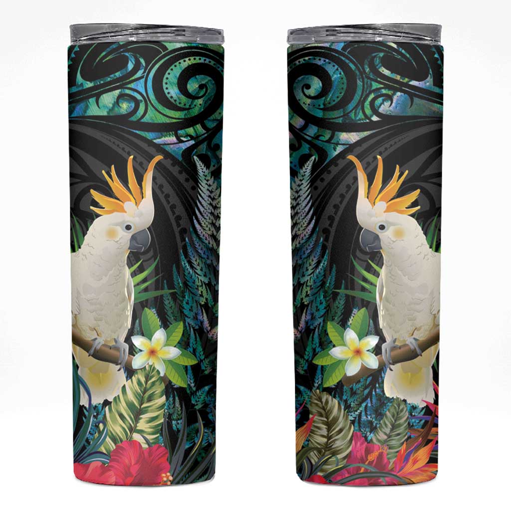 Sulphur-crested Cockatoo New Zealand Skinny Tumbler Paua Shell Aotearoa Maori Tropical Flowers - Polynesian Pride