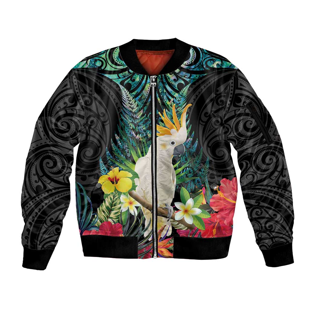 Sulphur-crested Cockatoo New Zealand Sleeve Zip Bomber Jacket Paua Shell Aotearoa Maori Tropical Flowers - Polynesian Pride