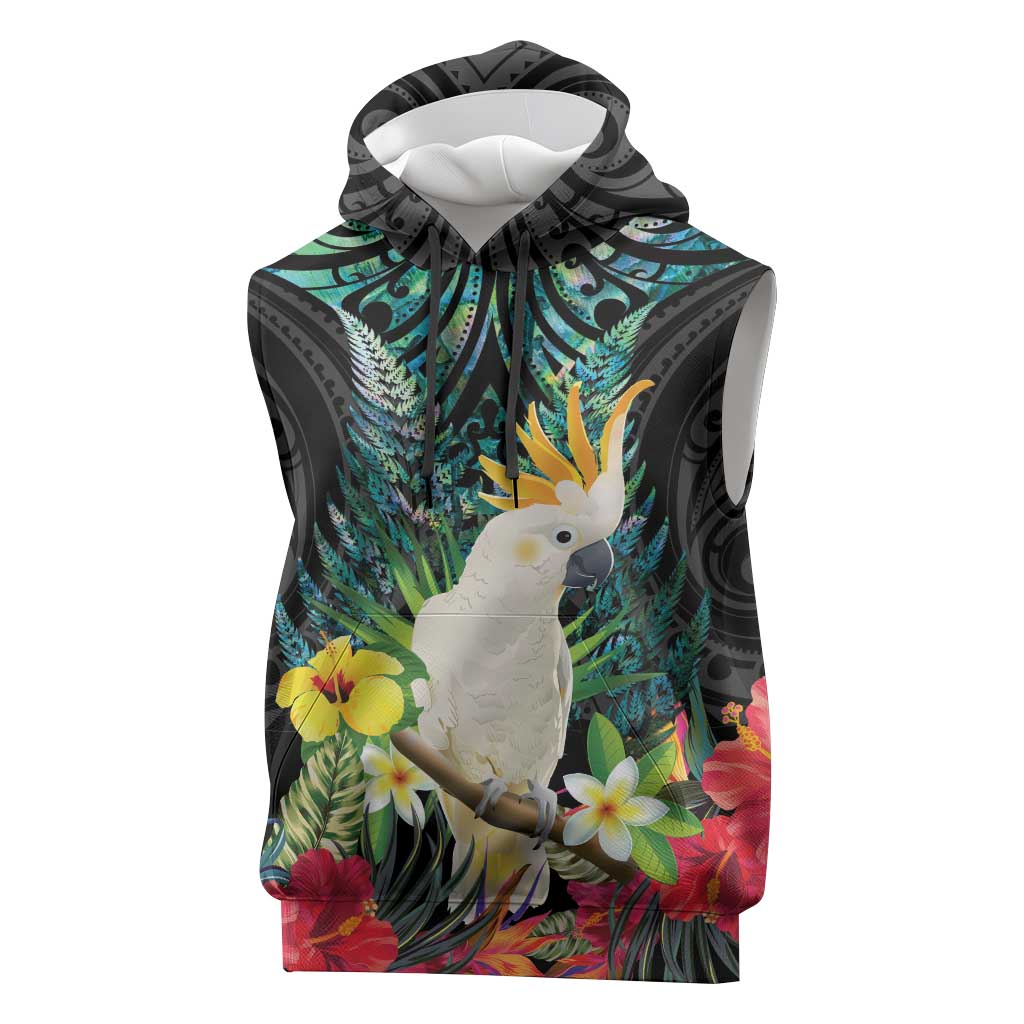 Sulphur-crested Cockatoo New Zealand Sleeveless Hoodie Paua Shell Aotearoa Maori Tropical Flowers - Polynesian Pride