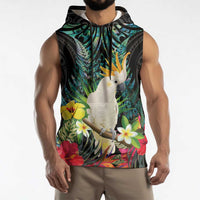 Sulphur-crested Cockatoo New Zealand Sleeveless Hoodie Paua Shell Aotearoa Maori Tropical Flowers - Polynesian Pride