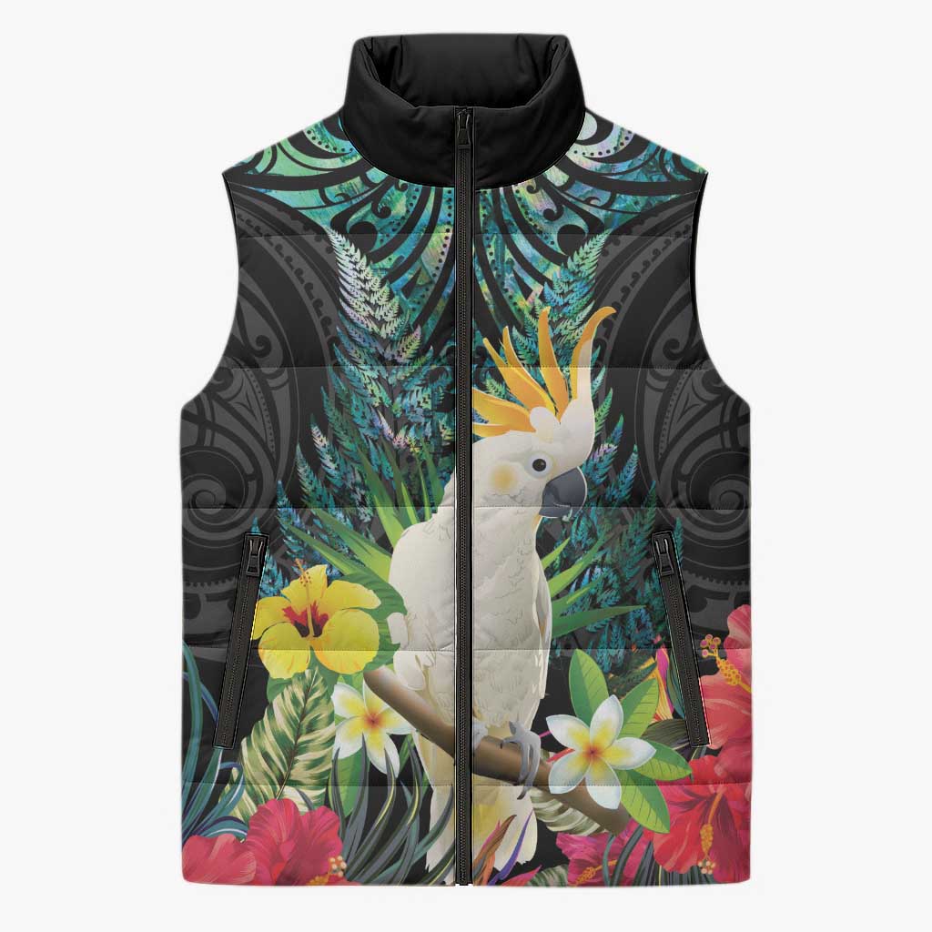 Sulphur-crested Cockatoo New Zealand Sleeveless Puffer Jacket Paua Shell Aotearoa Maori Tropical Flowers - Polynesian Pride