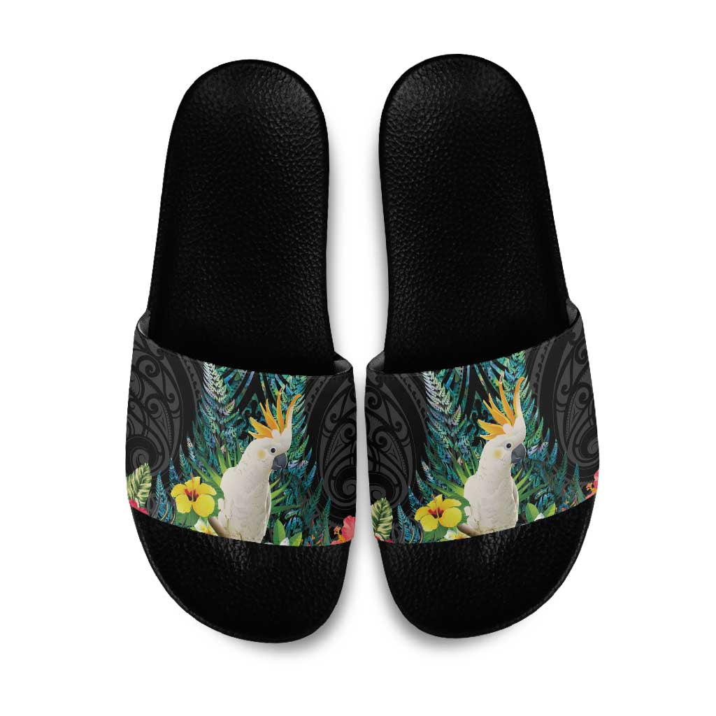 Sulphur-crested Cockatoo New Zealand Slide Sandals Paua Shell Aotearoa Maori Tropical Flowers - Polynesian Pride