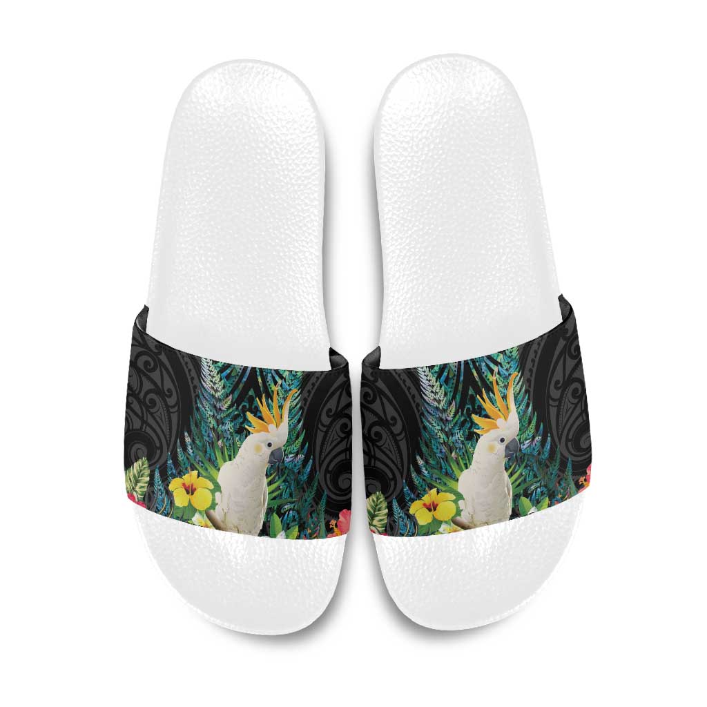 Sulphur-crested Cockatoo New Zealand Slide Sandals Paua Shell Aotearoa Maori Tropical Flowers - Polynesian Pride