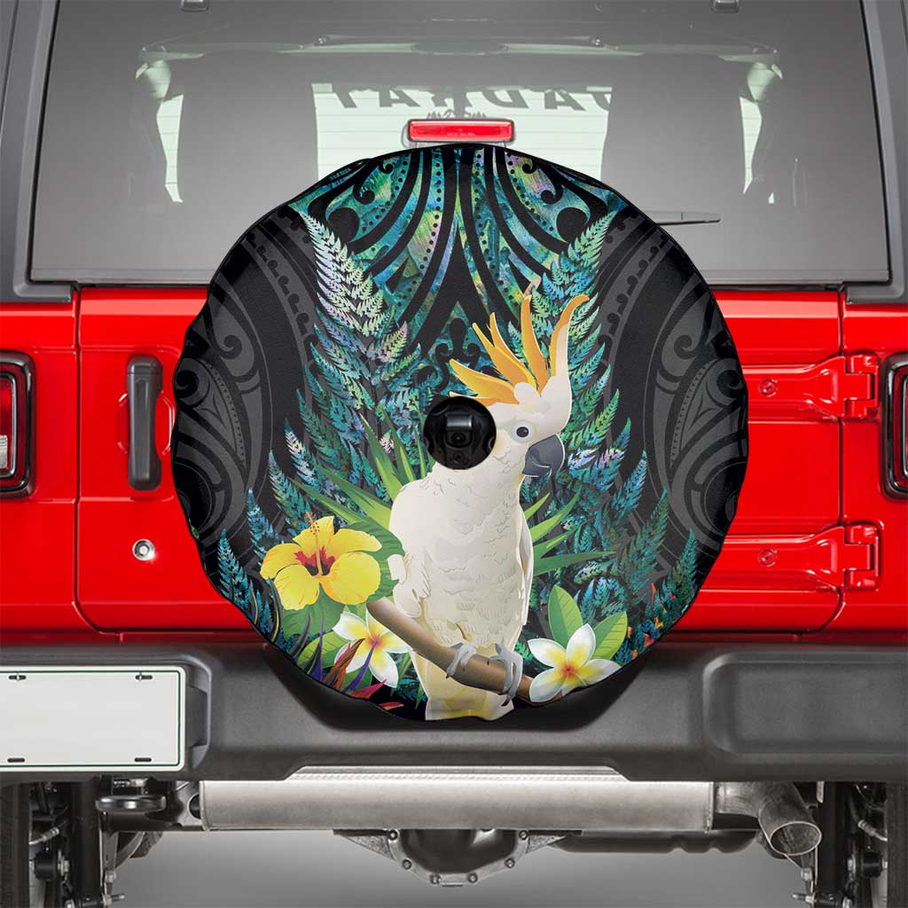 Sulphur-crested Cockatoo New Zealand Spare Tire Cover Paua Shell Aotearoa Maori Tropical Flowers - Polynesian Pride