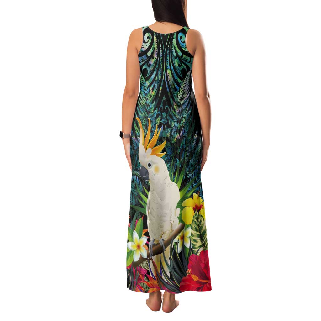 Sulphur-crested Cockatoo New Zealand Tank Maxi Dress Paua Shell Aotearoa Maori Tropical Flowers - Polynesian Pride