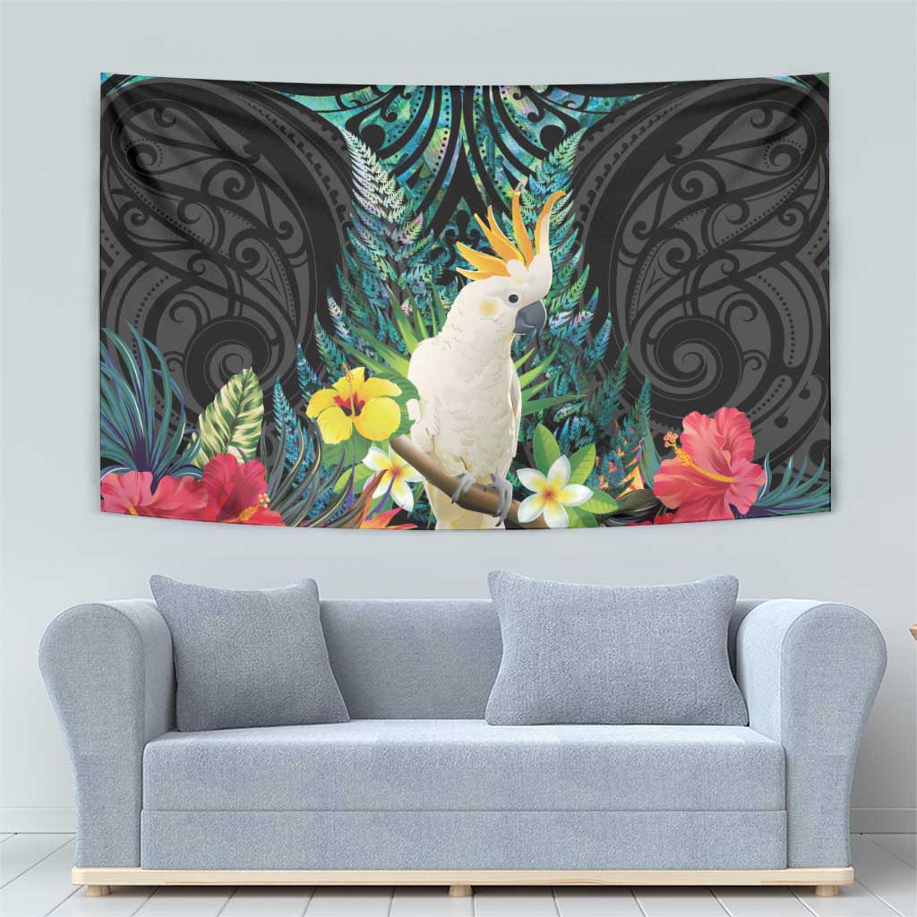 Sulphur-crested Cockatoo New Zealand Tapestry Paua Shell Aotearoa Maori Tropical Flowers - Polynesian Pride