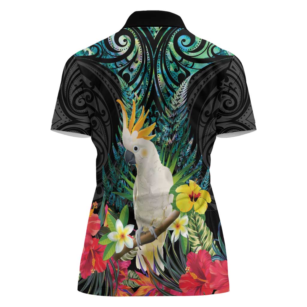Sulphur-crested Cockatoo New Zealand Women Polo Shirt Paua Shell Aotearoa Maori Tropical Flowers - Polynesian Pride