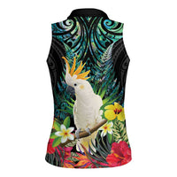 Sulphur-crested Cockatoo New Zealand Women Sleeveless Polo Shirt Paua Shell Aotearoa Maori Tropical Flowers - Polynesian Pride