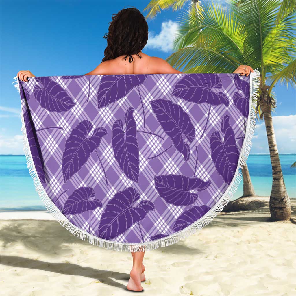 Purple Hawaii Kalo Palaka Motifs Beach Blanket Hawaiian Taro Leaves Elegant Vibes - Polynesian Pride