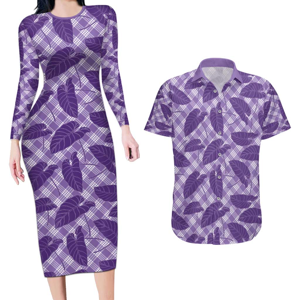 Purple Hawaii Kalo Palaka Motifs Couples Matching Long Sleeve Bodycon Dress and Hawaiian Shirt Hawaiian Taro Leaves Elegant Vibes - Polynesian Pride