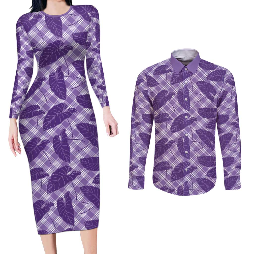 Purple Hawaii Kalo Palaka Motifs Couples Matching Long Sleeve Bodycon Dress and Long Sleeve Button Shirt Hawaiian Taro Leaves Elegant Vibes - Polynesian Pride