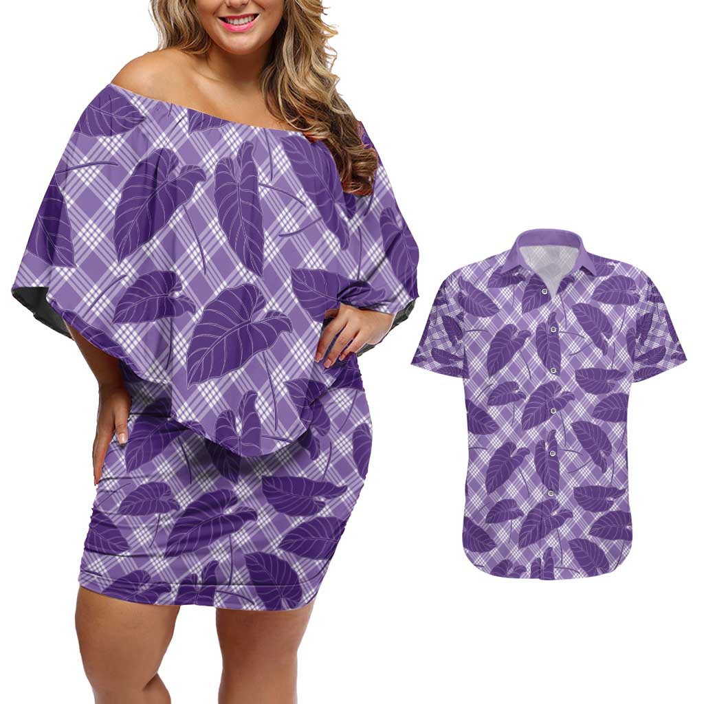 Purple Hawaii Kalo Palaka Motifs Couples Matching Off Shoulder Short Dress and Hawaiian Shirt Hawaiian Taro Leaves Elegant Vibes - Polynesian Pride