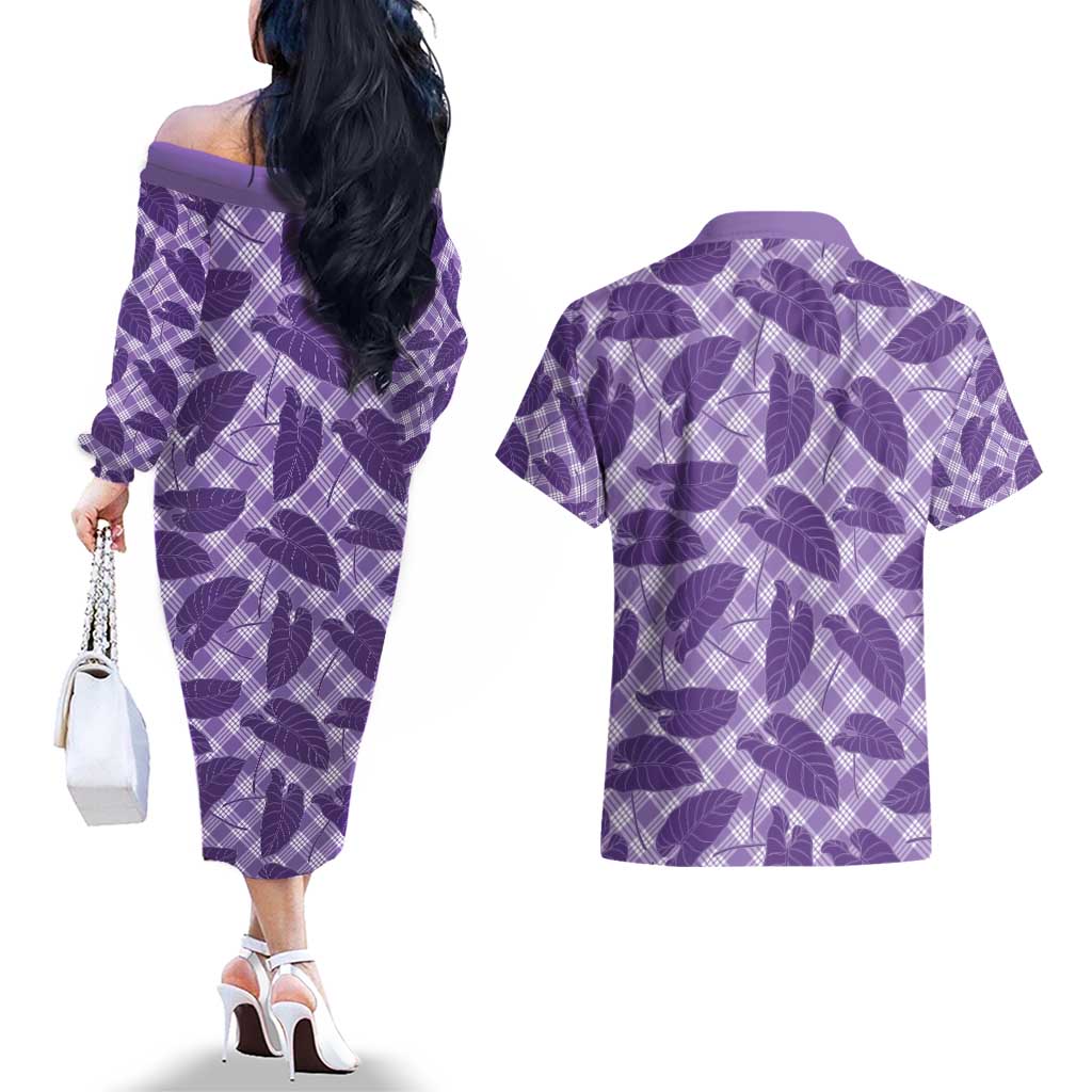 Purple Hawaii Kalo Palaka Motifs Couples Matching Off The Shoulder Long Sleeve Dress and Hawaiian Shirt Hawaiian Taro Leaves Elegant Vibes - Polynesian Pride