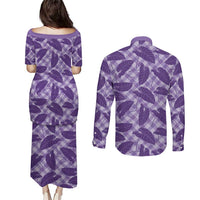 Purple Hawaii Kalo Palaka Motifs Couples Matching Puletasi and Long Sleeve Button Shirt Hawaiian Taro Leaves Elegant Vibes - Polynesian Pride