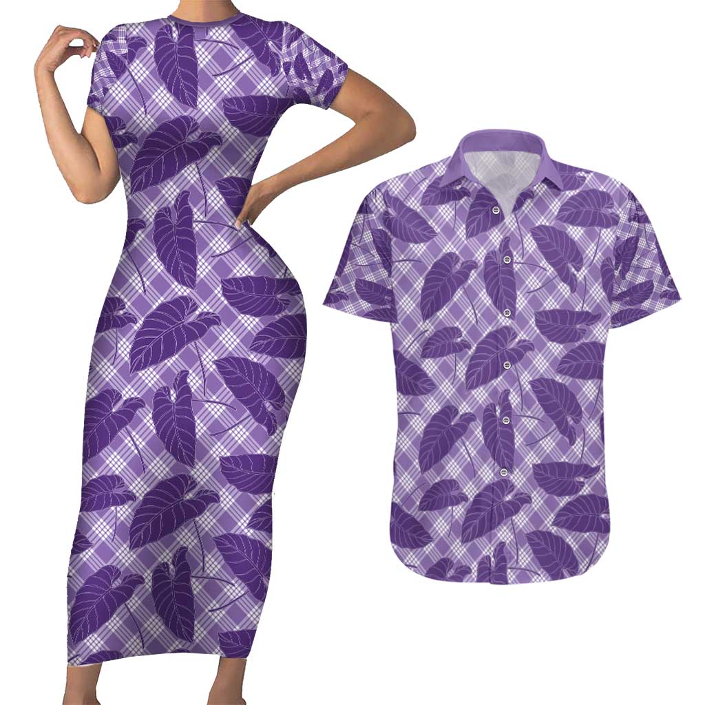 Purple Hawaii Kalo Palaka Motifs Couples Matching Short Sleeve Bodycon Dress and Hawaiian Shirt Hawaiian Taro Leaves Elegant Vibes - Polynesian Pride