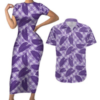 Purple Hawaii Kalo Palaka Motifs Couples Matching Short Sleeve Bodycon Dress and Hawaiian Shirt Hawaiian Taro Leaves Elegant Vibes - Polynesian Pride