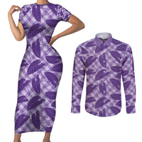 Purple Hawaii Kalo Palaka Motifs Couples Matching Short Sleeve Bodycon Dress and Long Sleeve Button Shirt Hawaiian Taro Leaves Elegant Vibes - Polynesian Pride