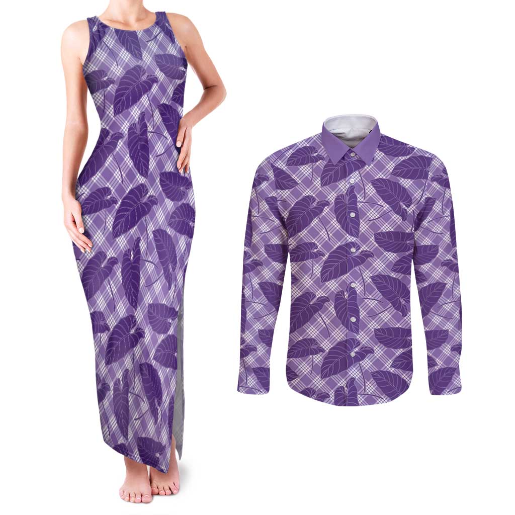 Purple Hawaii Kalo Palaka Motifs Couples Matching Tank Maxi Dress and Long Sleeve Button Shirt Hawaiian Taro Leaves Elegant Vibes - Polynesian Pride