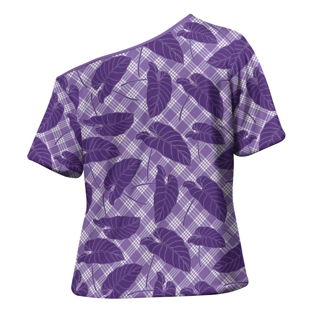 Purple Hawaii Kalo Palaka Motifs Cross Shoulder Shirt Hawaiian Taro Leaves Elegant Vibes - Polynesian Pride