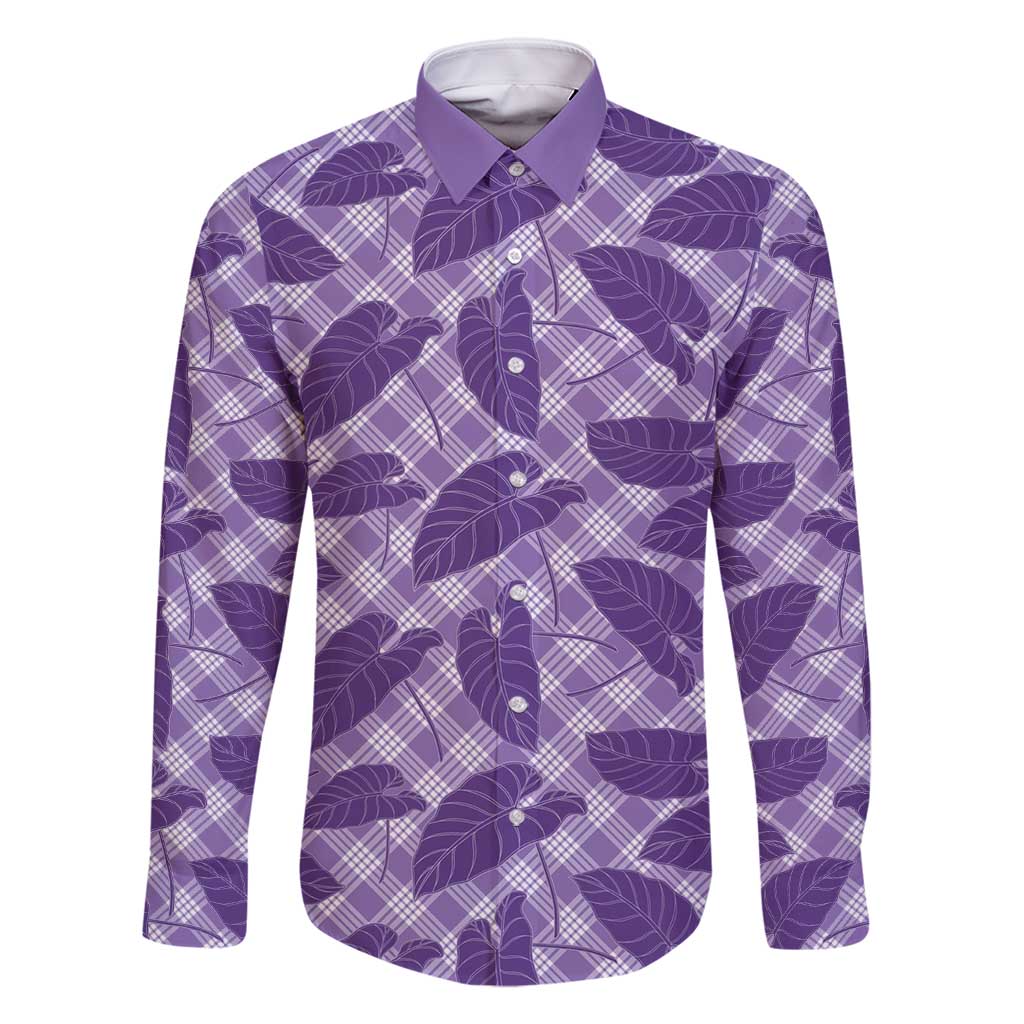 Purple Hawaii Kalo Palaka Motifs Family Matching Long Sleeve Bodycon Dress and Hawaiian Shirt Hawaiian Taro Leaves Elegant Vibes - Polynesian Pride