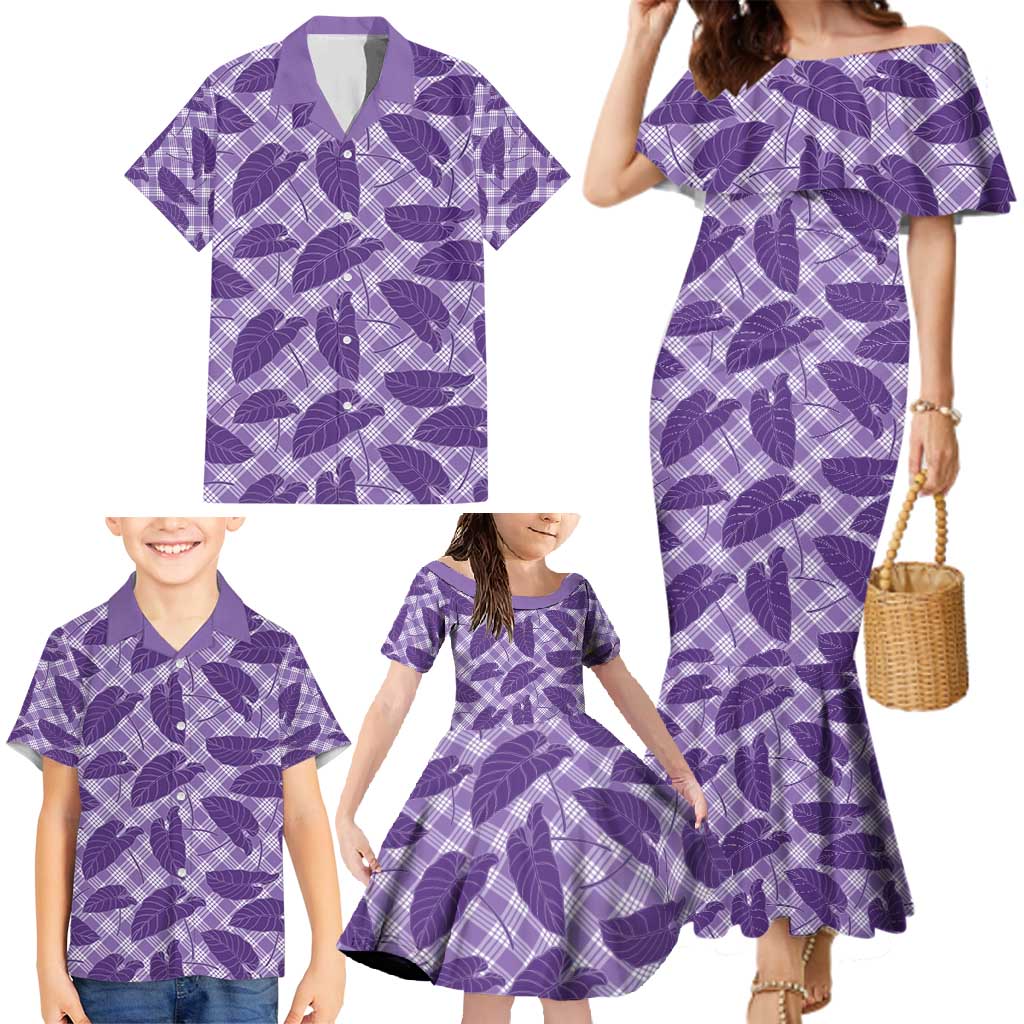Purple Hawaii Kalo Palaka Motifs Family Matching Mermaid Dress and Hawaiian Shirt Hawaiian Taro Leaves Elegant Vibes - Polynesian Pride