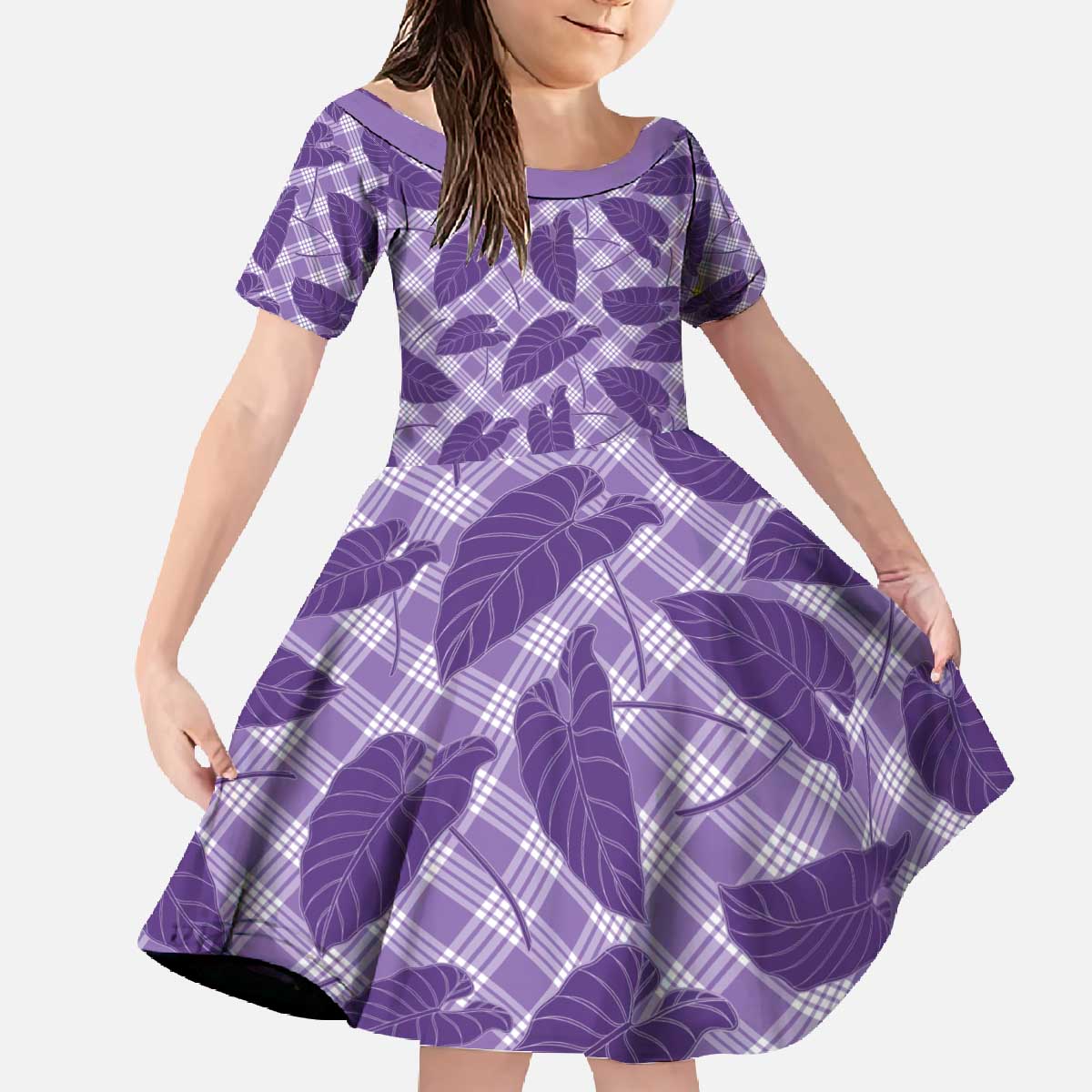 Purple Hawaii Kalo Palaka Motifs Family Matching Off The Shoulder Long Sleeve Dress and Hawaiian Shirt Hawaiian Taro Leaves Elegant Vibes - Polynesian Pride