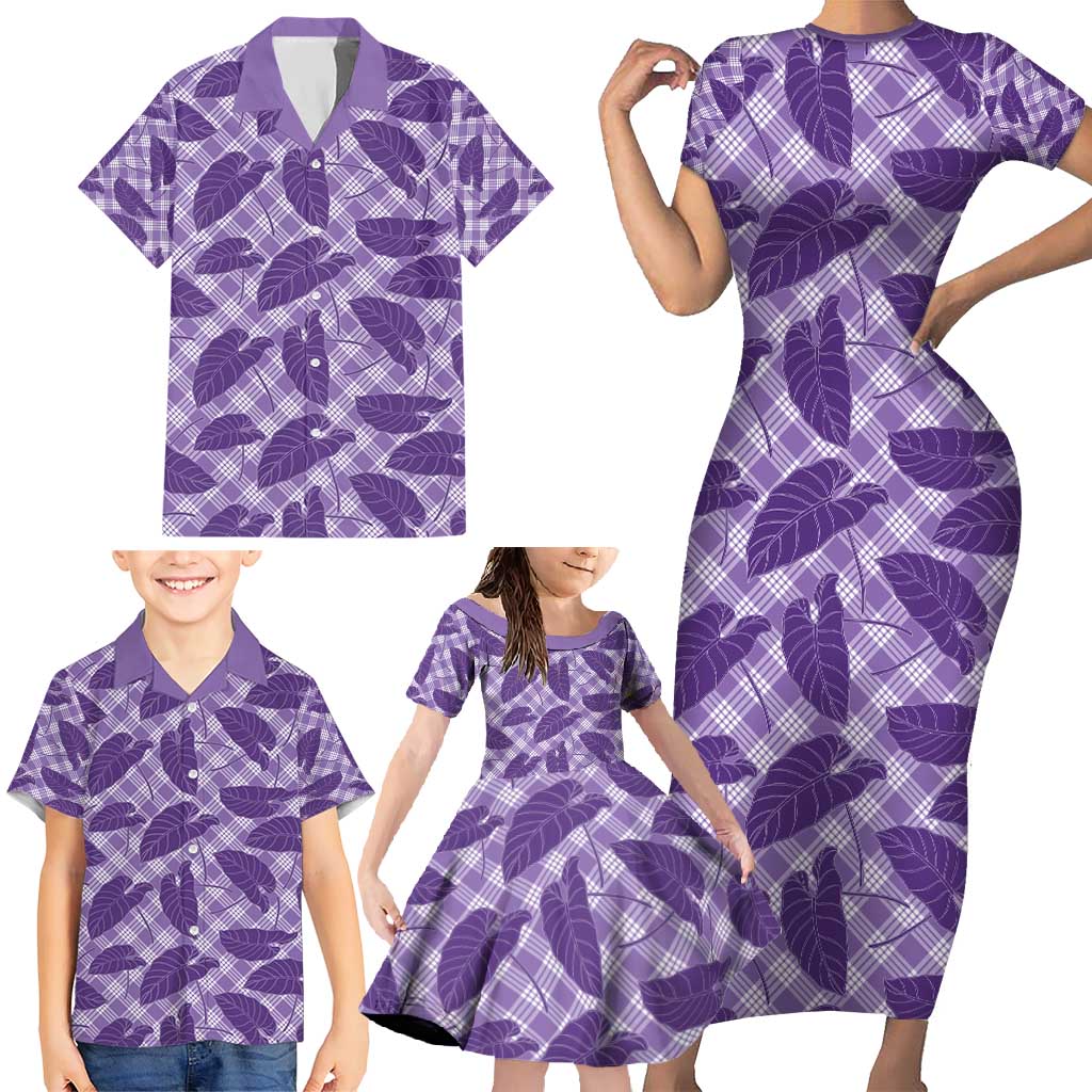 Purple Hawaii Kalo Palaka Motifs Family Matching Short Sleeve Bodycon Dress and Hawaiian Shirt Hawaiian Taro Leaves Elegant Vibes - Polynesian Pride