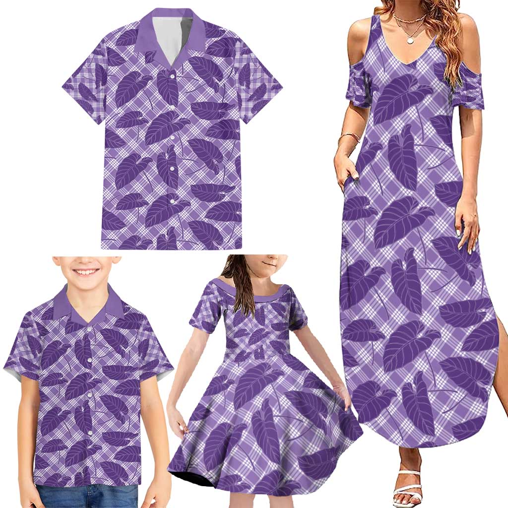 Purple Hawaii Kalo Palaka Motifs Family Matching Summer Maxi Dress and Hawaiian Shirt Hawaiian Taro Leaves Elegant Vibes - Polynesian Pride