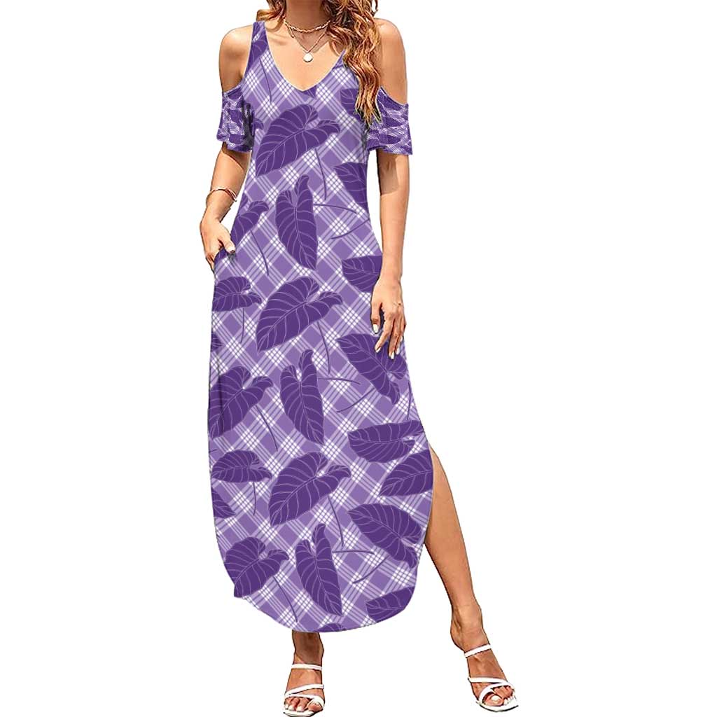 Purple Hawaii Kalo Palaka Motifs Family Matching Summer Maxi Dress and Hawaiian Shirt Hawaiian Taro Leaves Elegant Vibes - Polynesian Pride