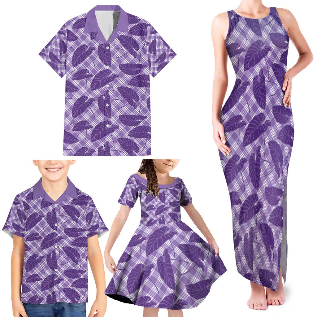 Purple Hawaii Kalo Palaka Motifs Family Matching Tank Maxi Dress and Hawaiian Shirt Hawaiian Taro Leaves Elegant Vibes - Polynesian Pride