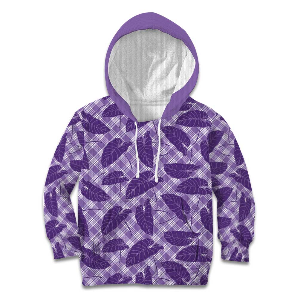 Purple Hawaii Kalo Palaka Motifs Kid Hoodie Hawaiian Taro Leaves Elegant Vibes - Polynesian Pride
