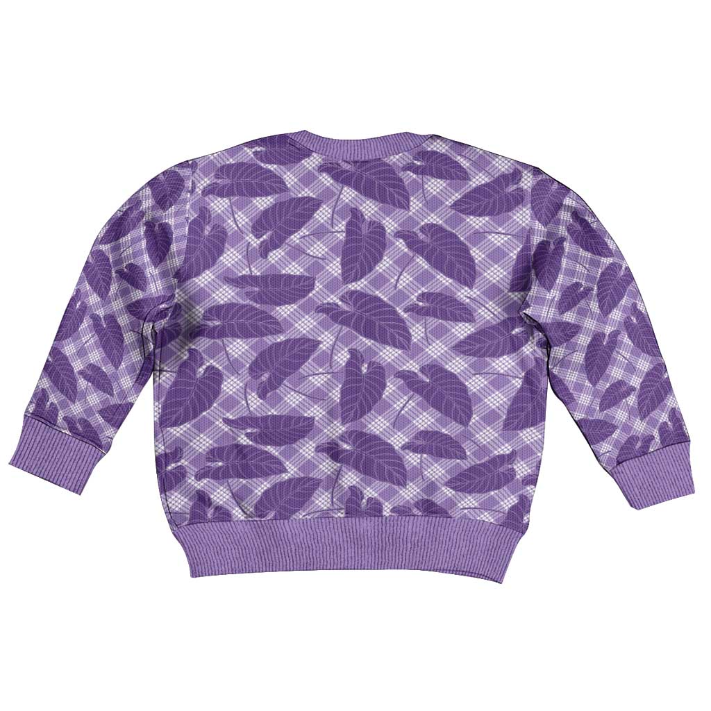 Purple Hawaii Kalo Palaka Motifs Kid Ugly Christmas Sweater Hawaiian Taro Leaves Elegant Vibes - Polynesian Pride