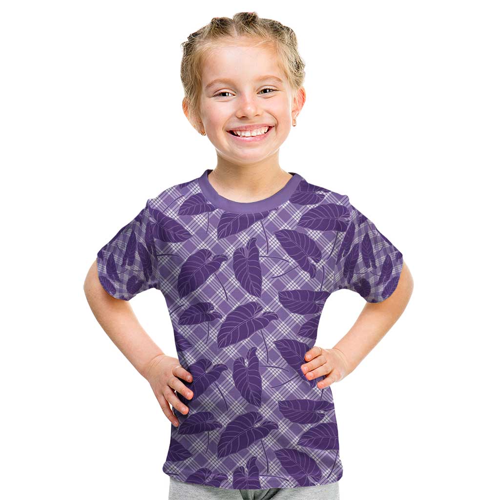 Purple Hawaii Kalo Palaka Motifs Kid T Shirt Hawaiian Taro Leaves Elegant Vibes - Polynesian Pride