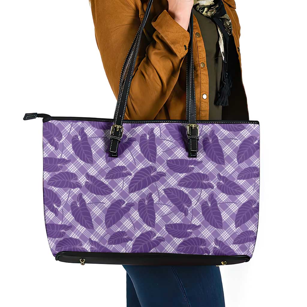 Purple Hawaii Kalo Palaka Motifs Leather Tote Bag Hawaiian Taro Leaves Elegant Vibes - Polynesian Pride