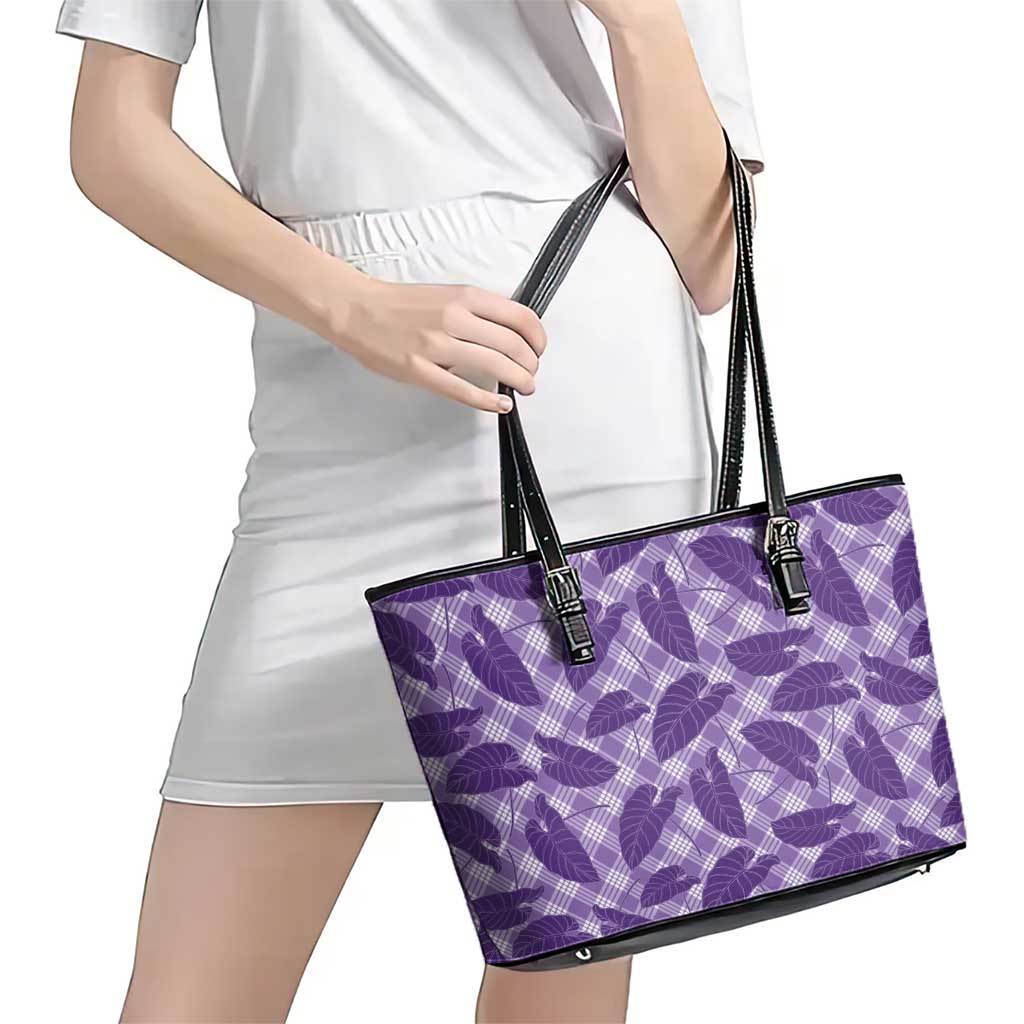 Purple Hawaii Kalo Palaka Motifs Leather Tote Bag Hawaiian Taro Leaves Elegant Vibes - Polynesian Pride
