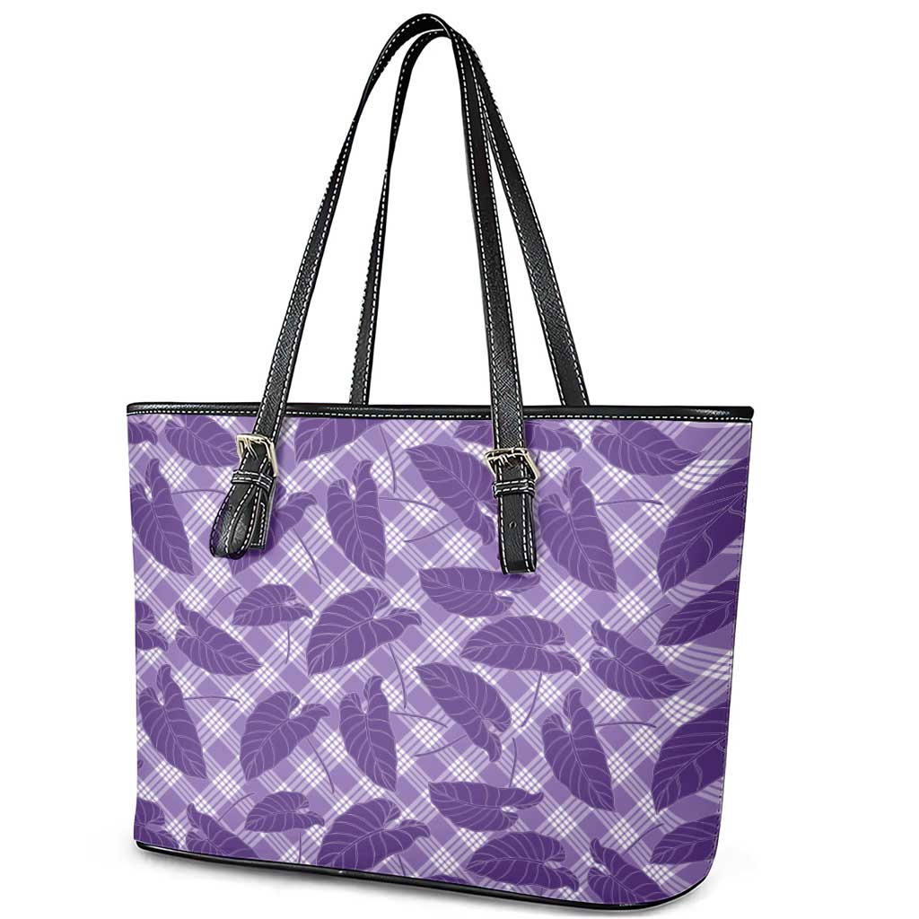 Purple Hawaii Kalo Palaka Motifs Leather Tote Bag Hawaiian Taro Leaves Elegant Vibes - Polynesian Pride