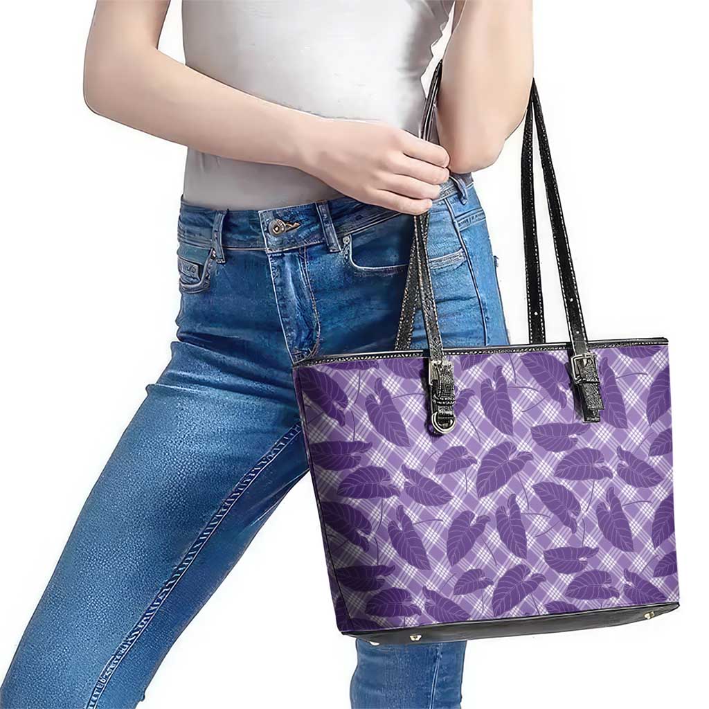 Purple Hawaii Kalo Palaka Motifs Leather Tote Bag Hawaiian Taro Leaves Elegant Vibes - Polynesian Pride