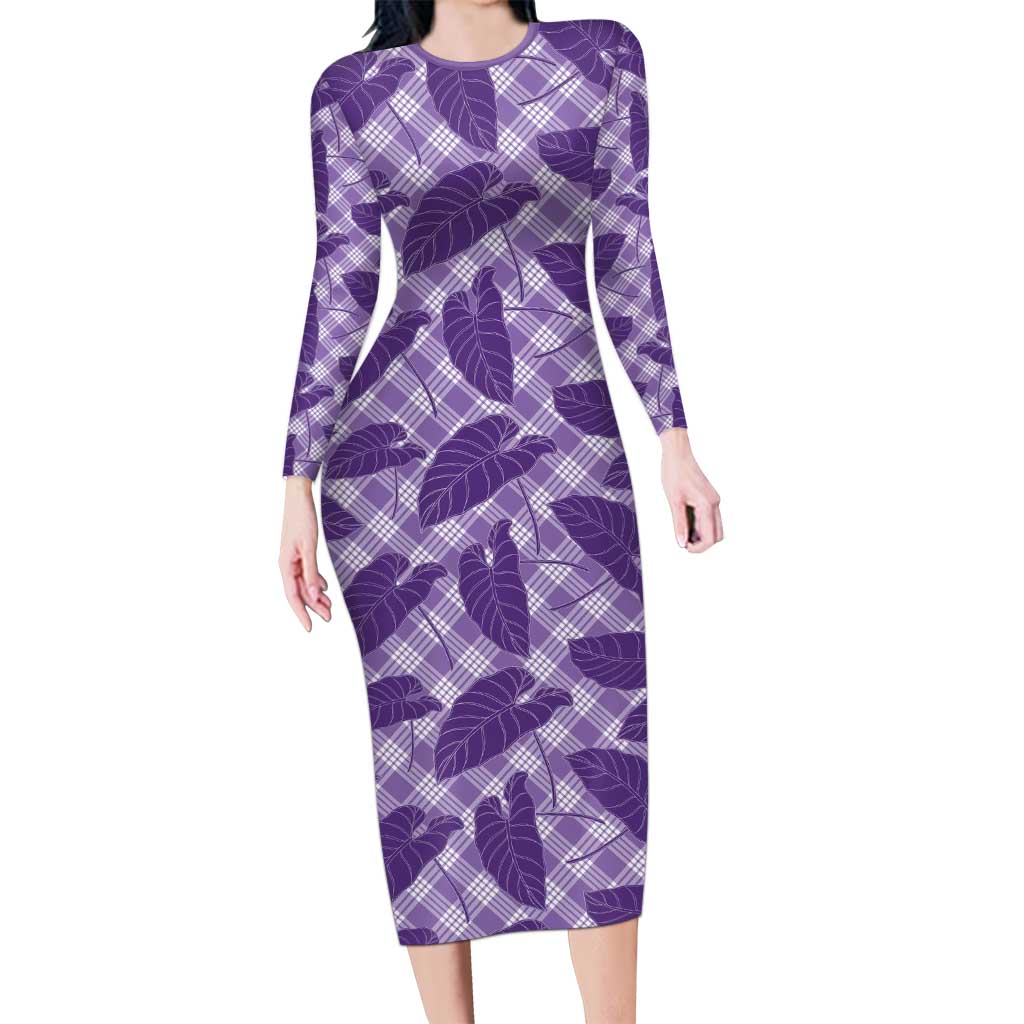 Purple Hawaii Kalo Palaka Motifs Long Sleeve Bodycon Dress Hawaiian Taro Leaves Elegant Vibes - Polynesian Pride