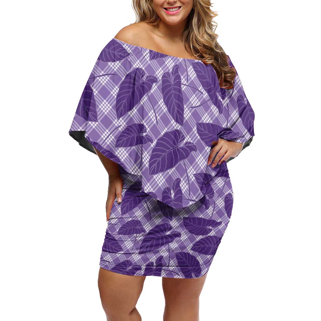 Purple Hawaii Kalo Palaka Motifs Off Shoulder Short Dress Hawaiian Taro Leaves Elegant Vibes - Polynesian Pride