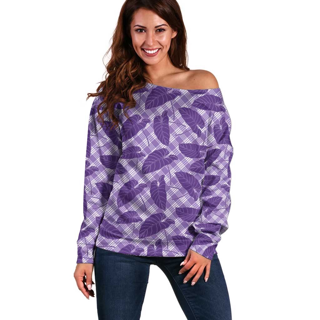 Purple Hawaii Kalo Palaka Motifs Off Shoulder Sweater Hawaiian Taro Leaves Elegant Vibes - Polynesian Pride