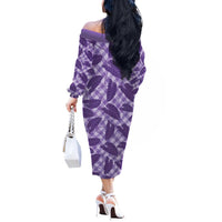 Purple Hawaii Kalo Palaka Motifs Off The Shoulder Long Sleeve Dress Hawaiian Taro Leaves Elegant Vibes - Polynesian Pride