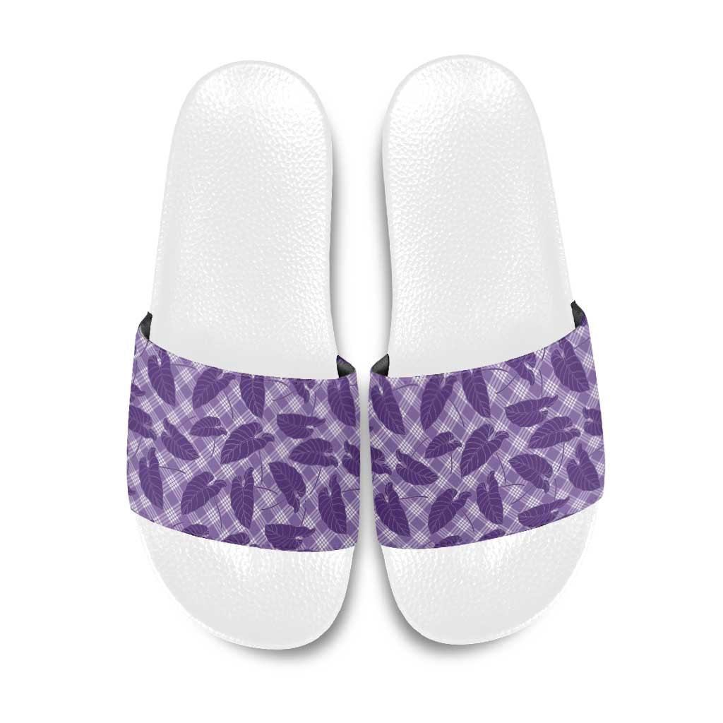 Purple Hawaii Kalo Palaka Motifs Slide Sandals Hawaiian Taro Leaves Elegant Vibes - Polynesian Pride