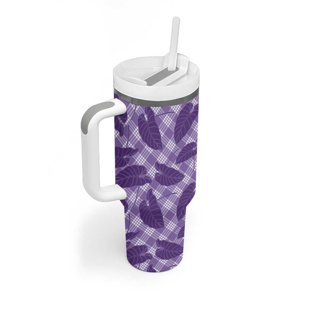Purple Hawaii Kalo Palaka Motifs Tumbler With Handle Hawaiian Taro Leaves Elegant Vibes - Polynesian Pride