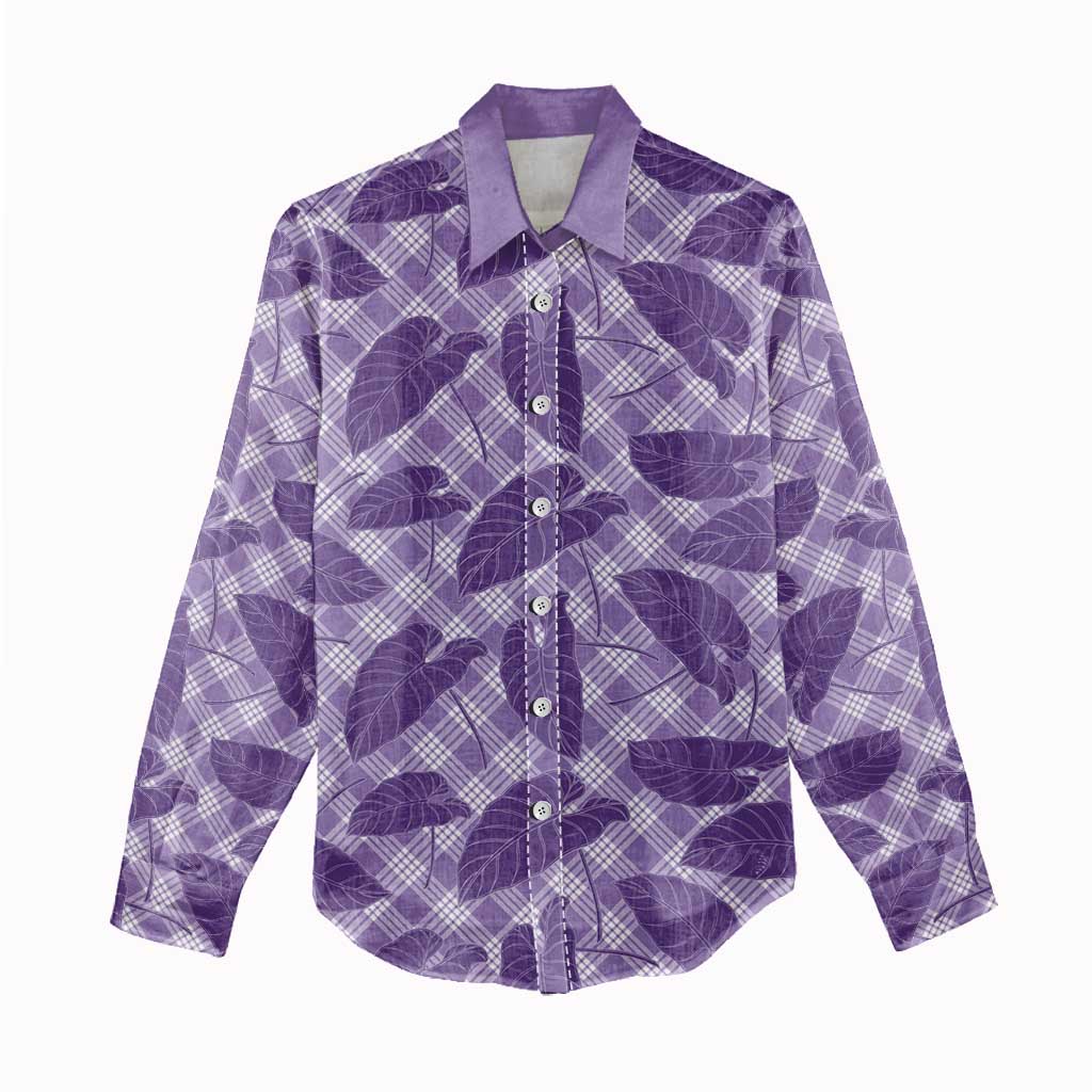 Purple Hawaii Kalo Palaka Motifs Women Casual Shirt Hawaiian Taro Leaves Elegant Vibes - Polynesian Pride
