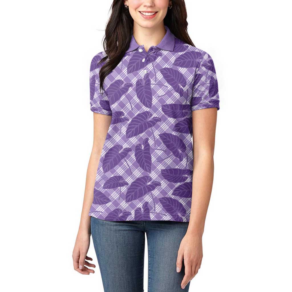 Purple Hawaii Kalo Palaka Motifs Women Polo Shirt Hawaiian Taro Leaves Elegant Vibes - Polynesian Pride