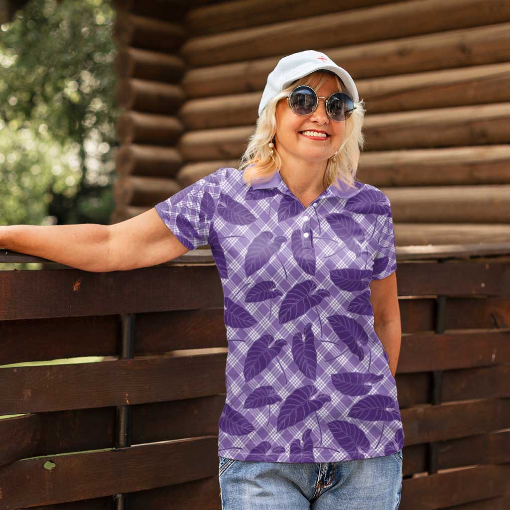 Purple Hawaii Kalo Palaka Motifs Women Polo Shirt Hawaiian Taro Leaves Elegant Vibes - Polynesian Pride