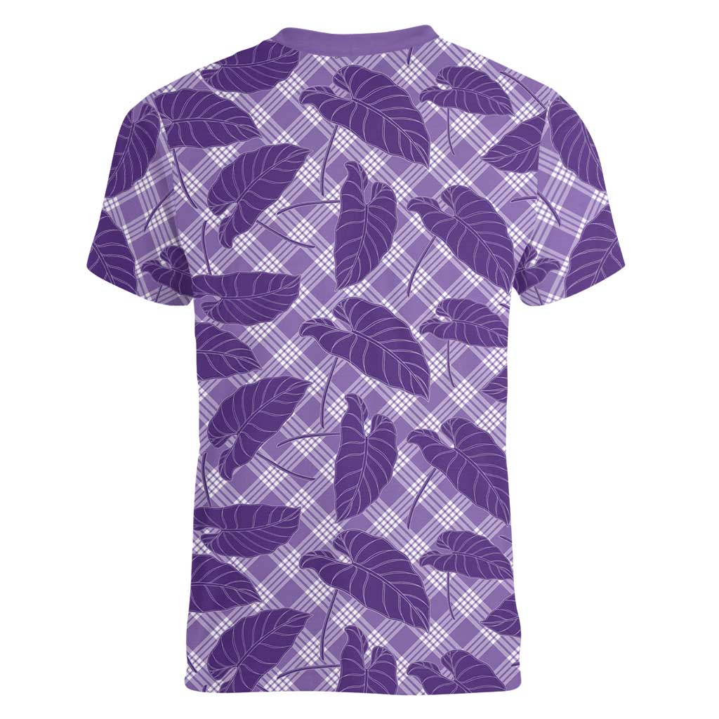 Purple Hawaii Kalo Palaka Motifs Women V-Neck T-Shirt Hawaiian Taro Leaves Elegant Vibes - Polynesian Pride
