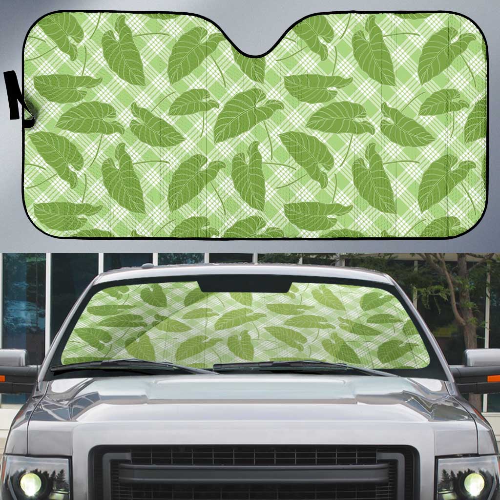 Green Hawaii Kalo Palaka Motifs Auto Sun Shade Hawaiian Taro Leaves Elegant Vibes - Polynesian Pride