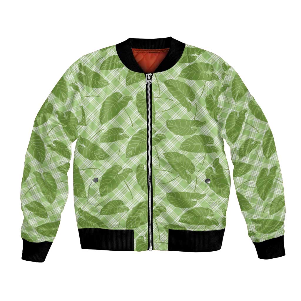 Green Hawaii Kalo Palaka Motifs Bomber Jacket Hawaiian Taro Leaves Elegant Vibes - Polynesian Pride